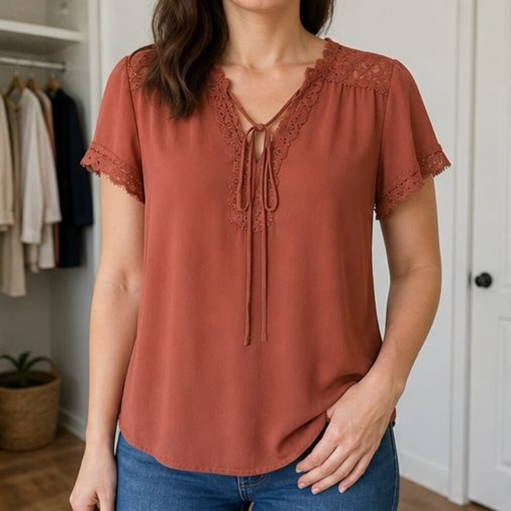 Rust Lace Trim Top - Picture 2 of 6